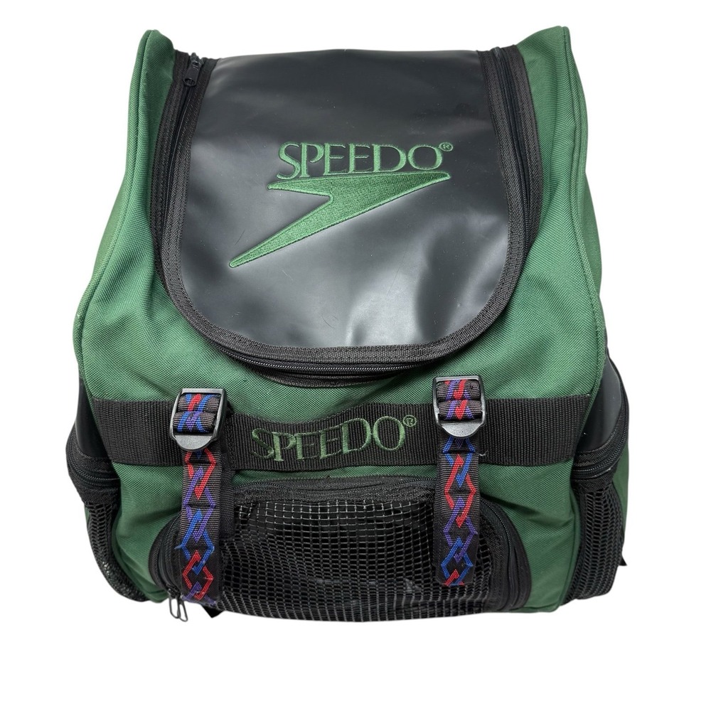 Vintage Speedo Large green Backpack Book Bag Swim Bag Sports 1990s Tribal Straps
